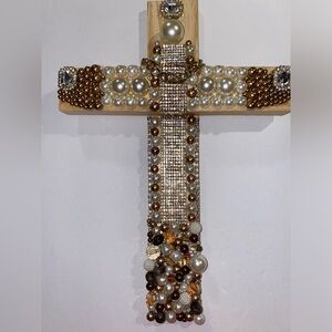 Wood Artisanal ✝️ w/ Repurposed Jewelry Different colors & Rhinestones